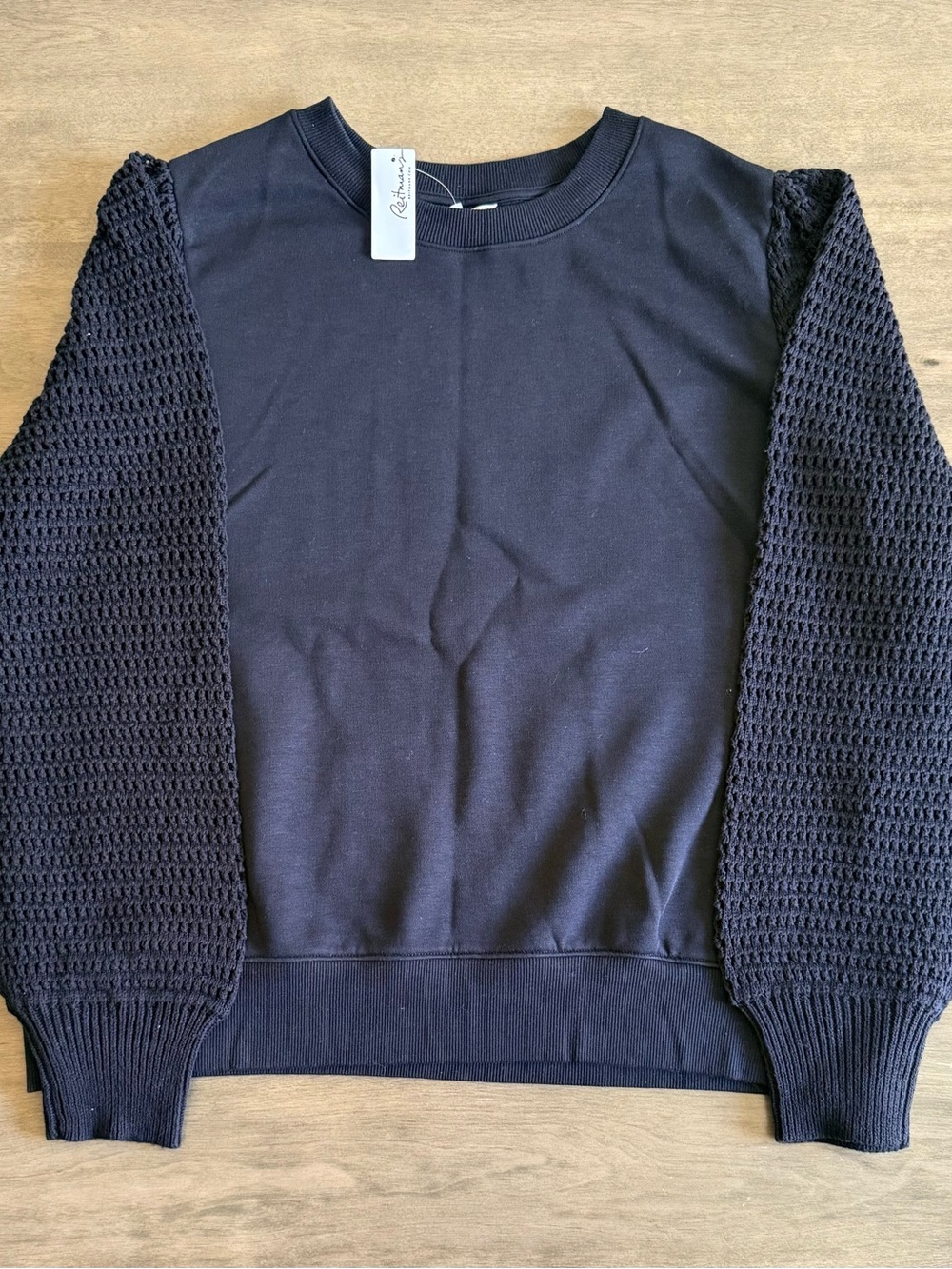Reitmans Black Crewneck Sweater with Textured Knit Sleeves